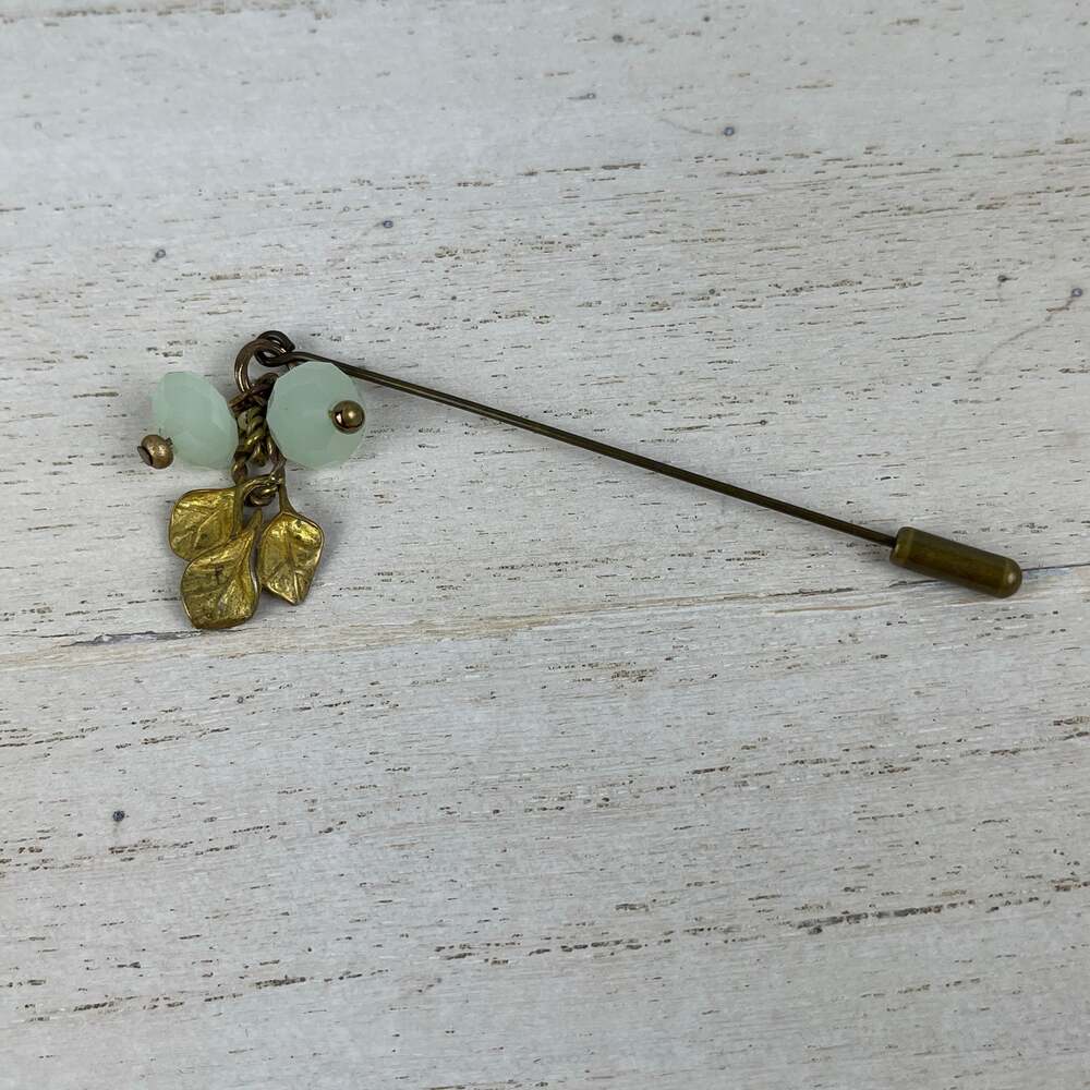 Brass Gold Tone Stick Pin Leaves Charm Mint Green Faceted Dangling Beads